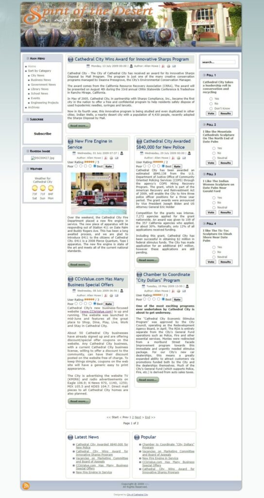 Spirit of the Desert Cathedral City community news website screenshot circa 2009 — Joomla CMS design by KSL Graphics