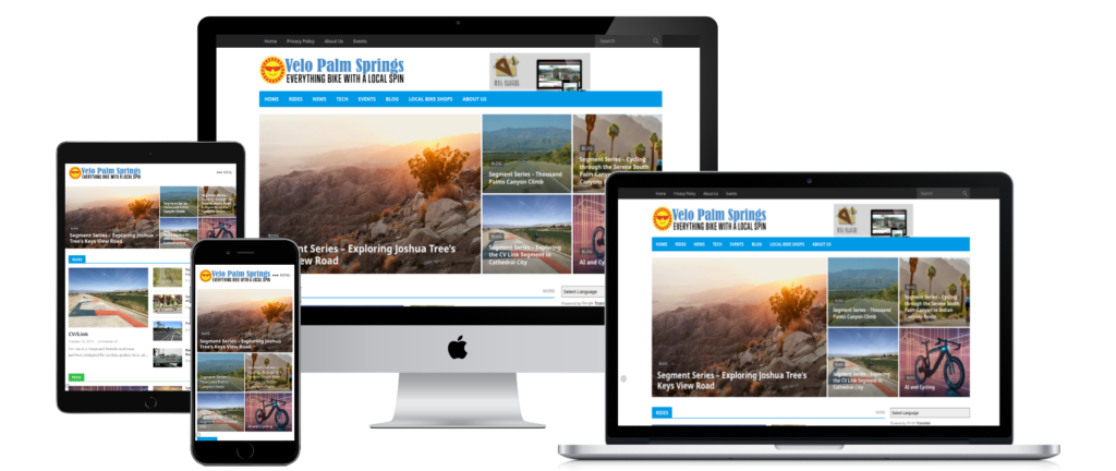 Velo Palm Springs cycling site displayed on multiple devices — responsive web design by KSL Graphics