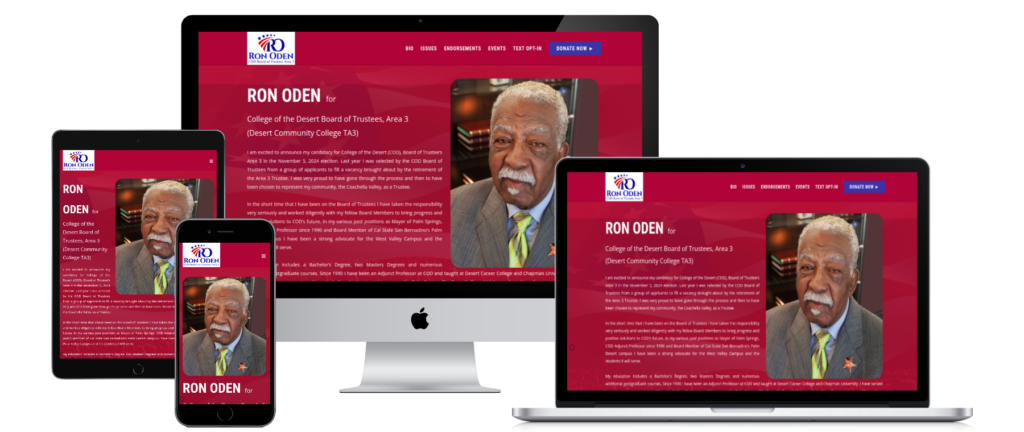 Ron Oden for College of the Desert Board campaign website shown on multiple devices — web design by KSL Graphics