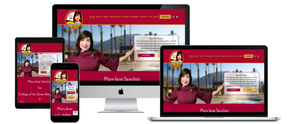 Mary Jane Sanchez for COD Board campaign website homepage — political web design by KSL Graphics