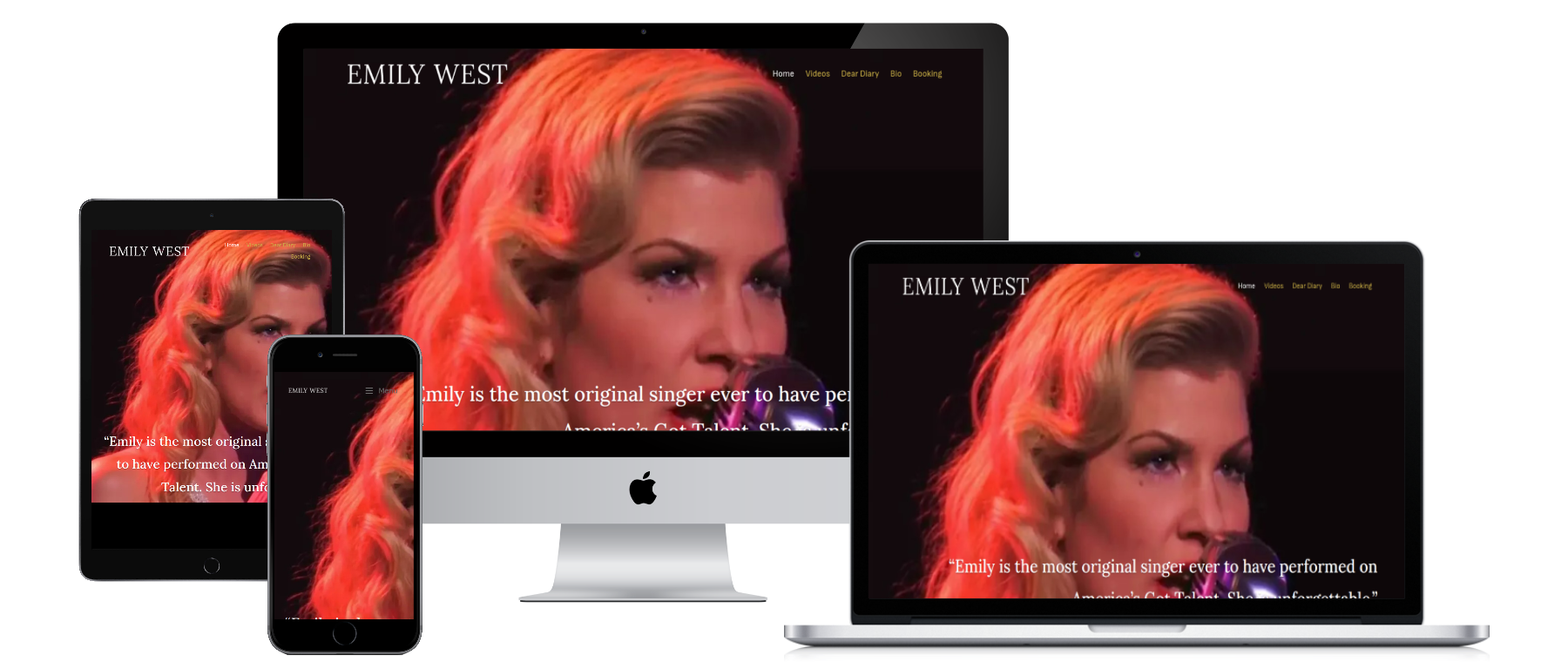 Emily West official performer website shown on desktop, tablet, and mobile