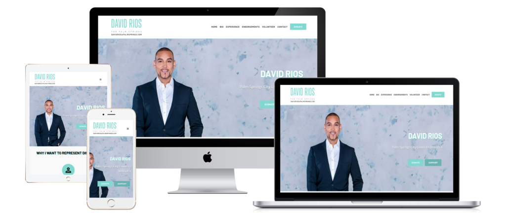 David Rios for Palm Springs City Council campaign website shown on multiple devices — bilingual web design by KSL Graphics