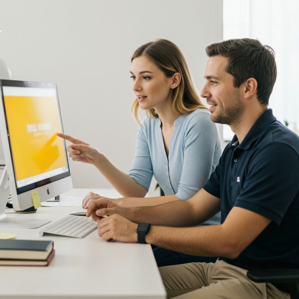 Two people sit at a desk in a bright office, working on Custom Web Design in Palm Springs. The woman points at the screen while the man types, both focused and engaged—showcasing their expertise at KSL Graphics.