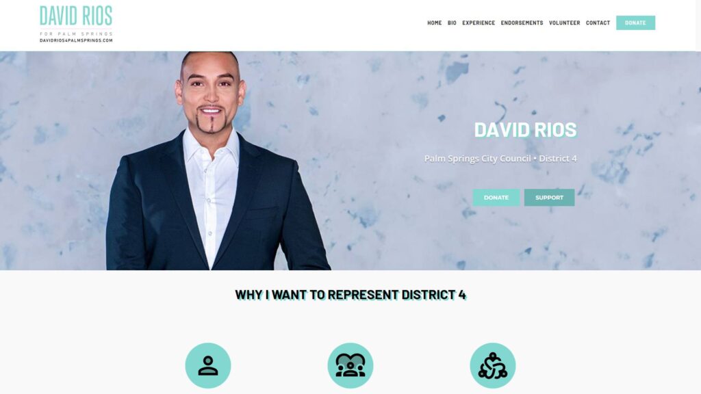 David Rios for Palm Springs City Council campaign website homepage — political web design by KSL Graphics