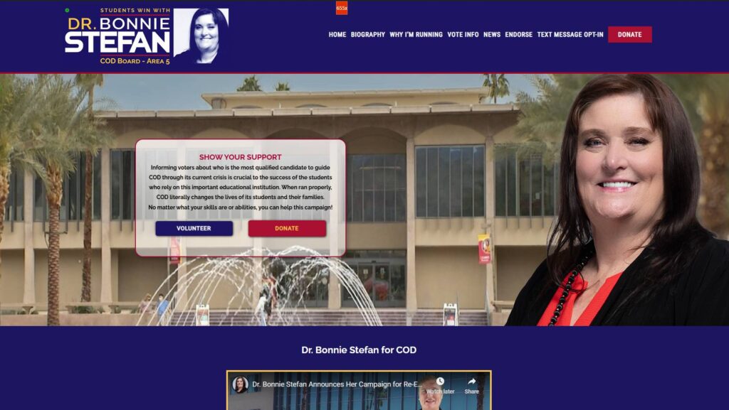 Dr. Bonnie Stefan for COD Board campaign website homepage — political web design by KSL Graphics