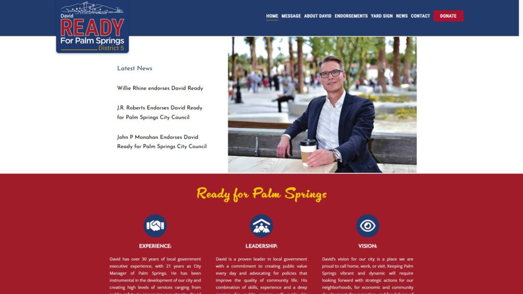 David Ready for Palm Springs City Council campaign website homepage — political web design by KSL Graphics