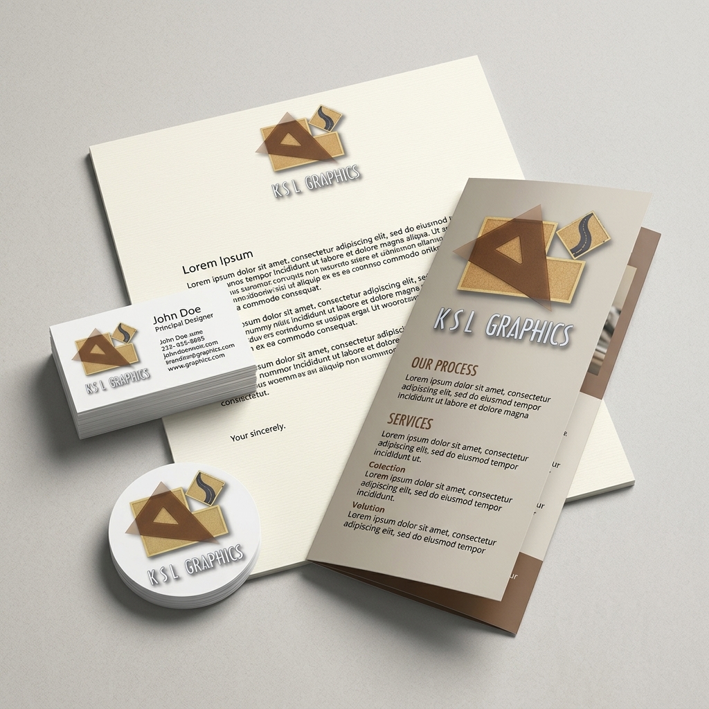 graphic design brand identity spread featuring logo on letterhead business cards and stickers